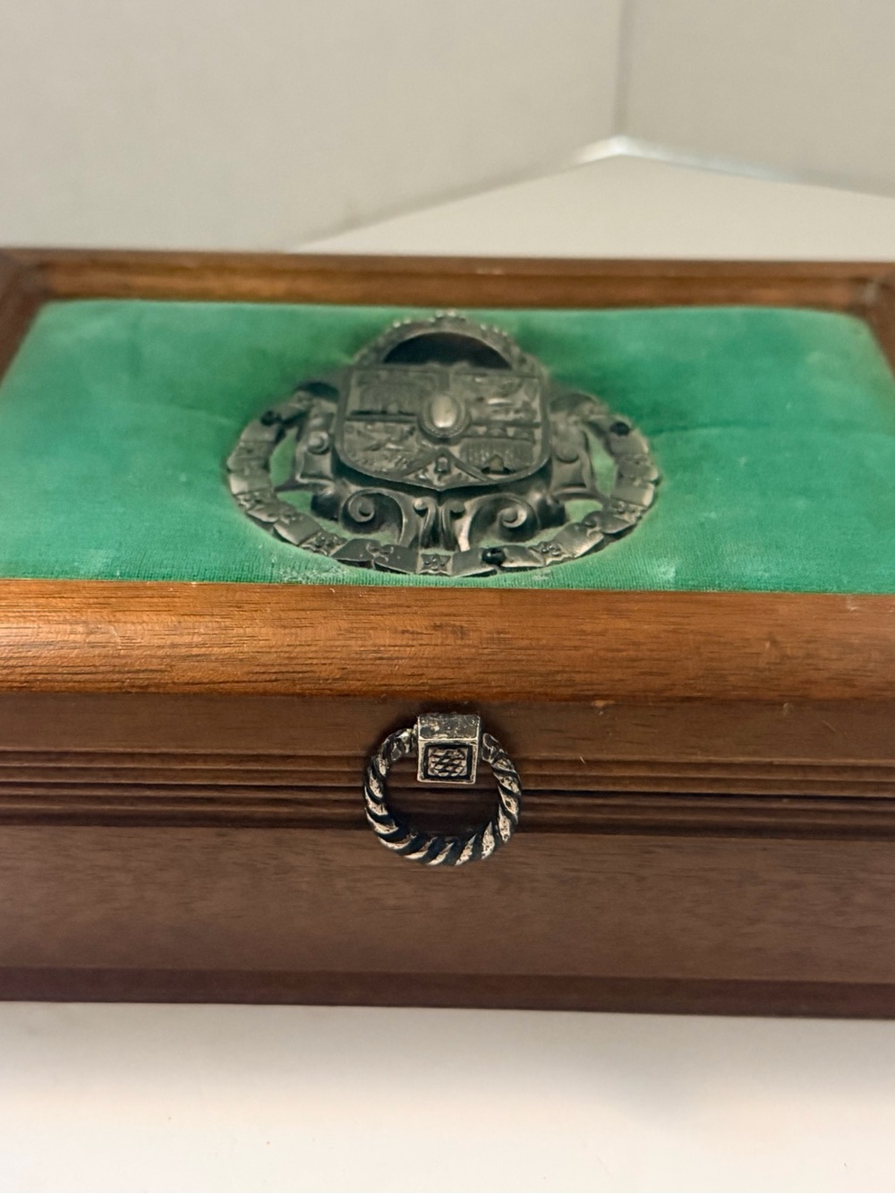 Vintage Wooden Jewelry Box from Japan with Green Velvet Top and Metal Accents